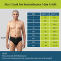 Size chart for incontinence men's briefs with a man standing next to the chart.