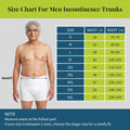 Size chart for men's incontinence trunks with a man model and measurement guide.